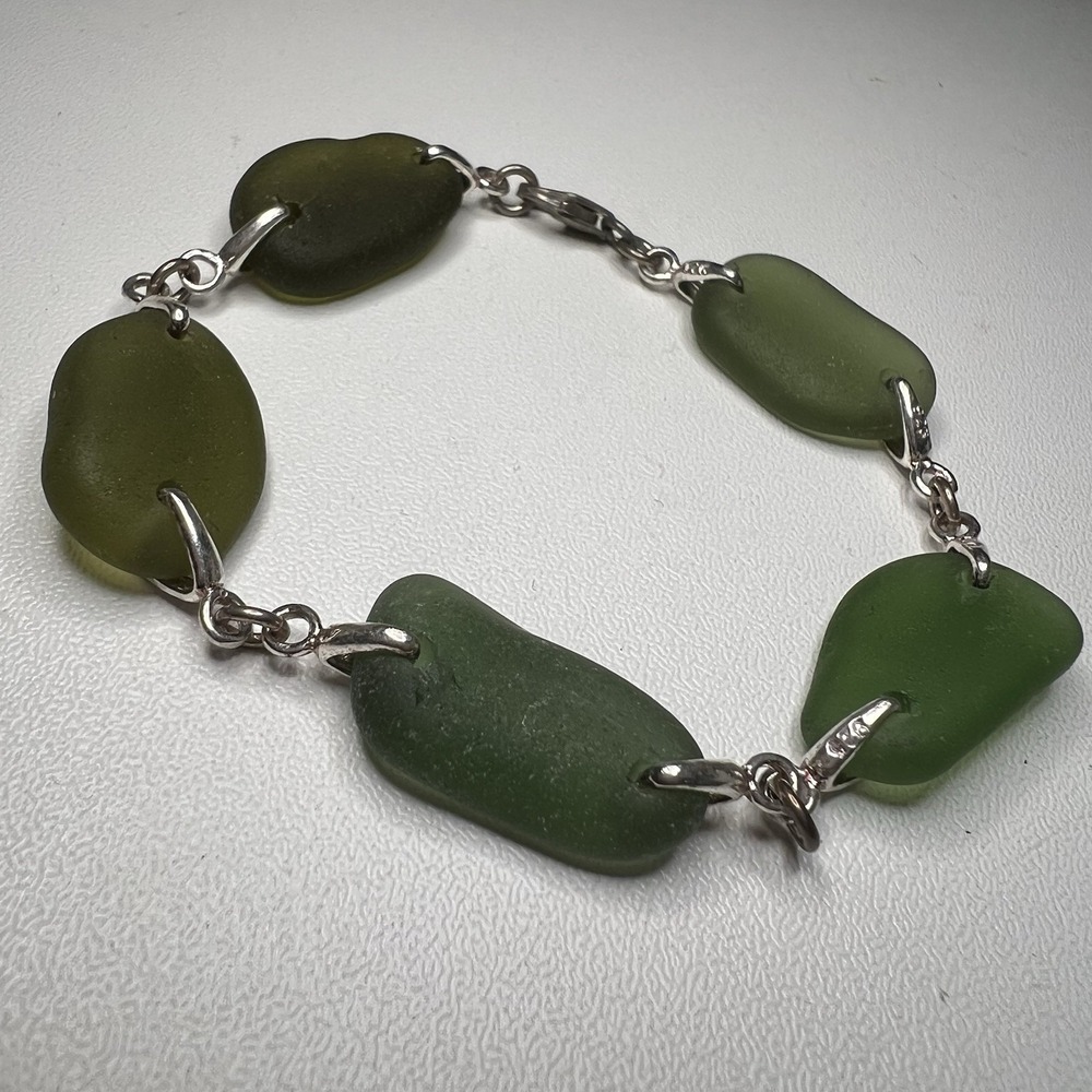 Sea Glass Sterling Silver Bracelet Artisan Olive Green Jewelry Beach Art‎